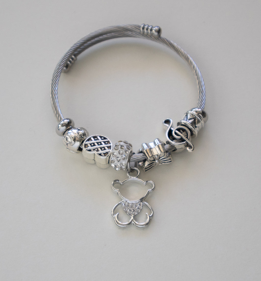 Stainless Steel Cable Silver Bear Charm Bracelet