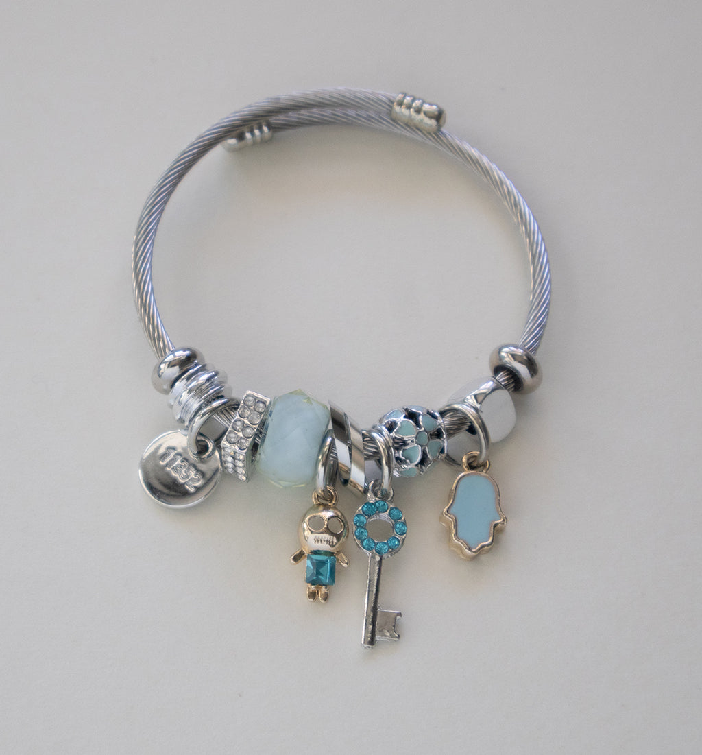 Stainless Steel Cable Wire Charm Bracelet Stainless Steel with Blue Accent Charms