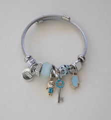 Stainless Steel Cable Wire Charm Bracelet Stainless Steel with Blue Accent Charms