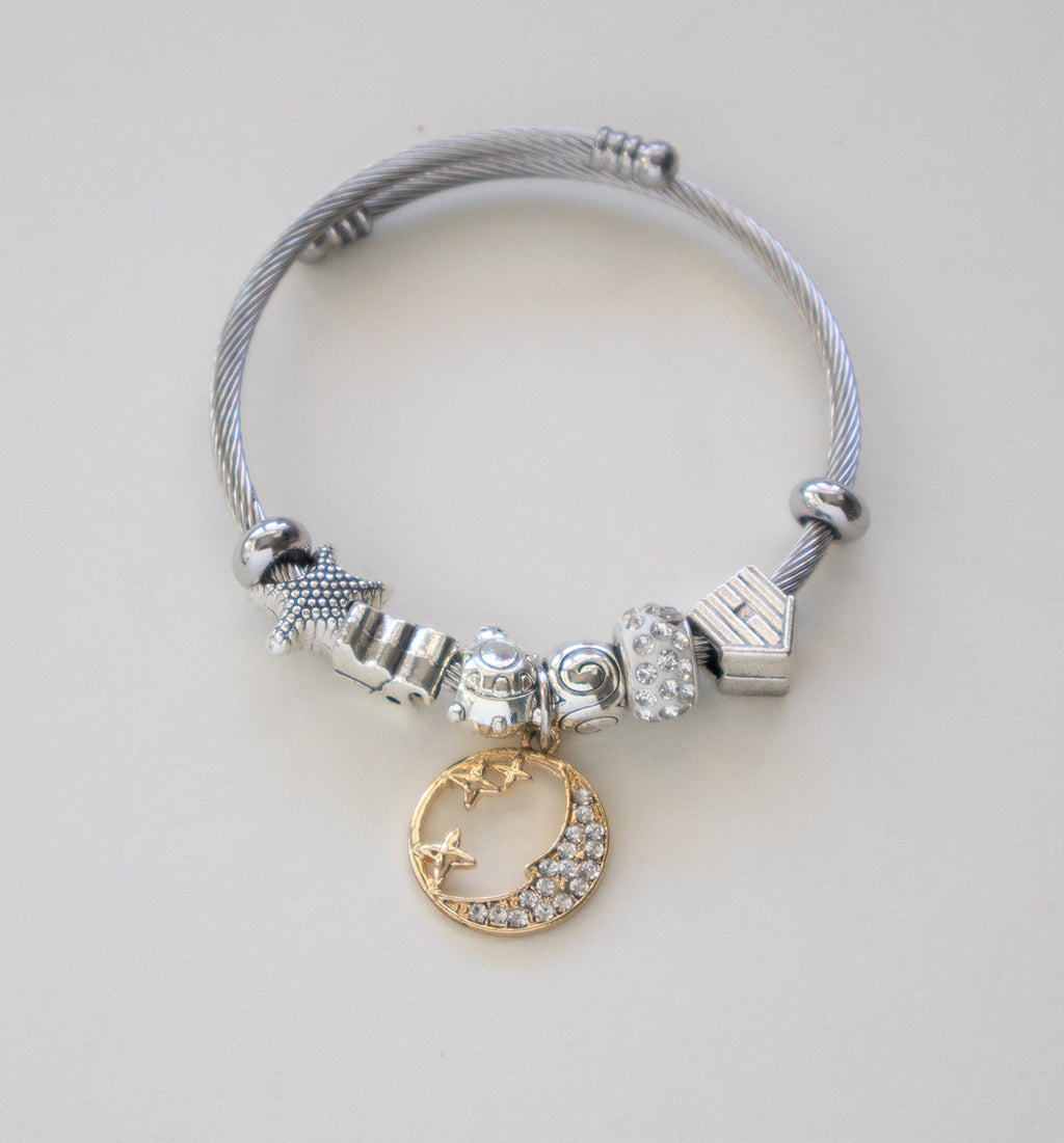 Stainless Steel Cable Bracelet with Moon & Stars Charm