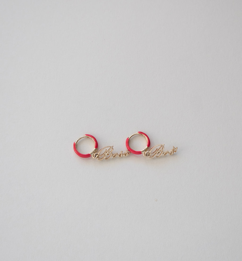 Stainless Steel Red Enamel Hoop Earrings with Boss Script Charms
