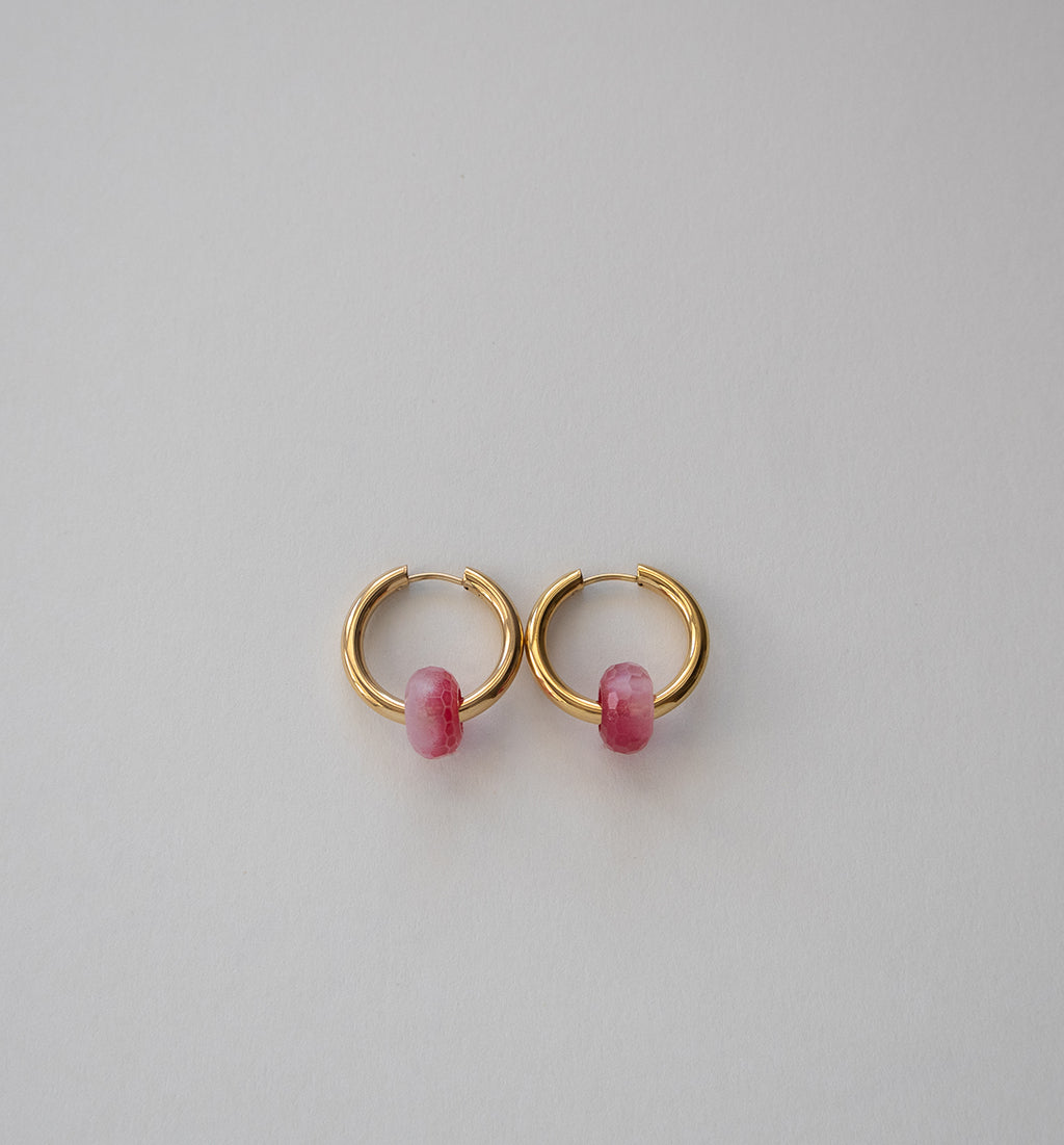 Stainless Steel Gold-tone Hoop Earrings with Pink Natural Stone Beads