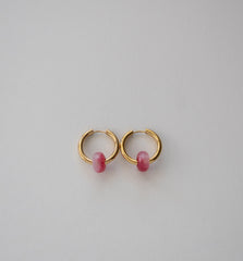 Stainless Steel Gold-tone Hoop Earrings with Pink Natural Stone Beads