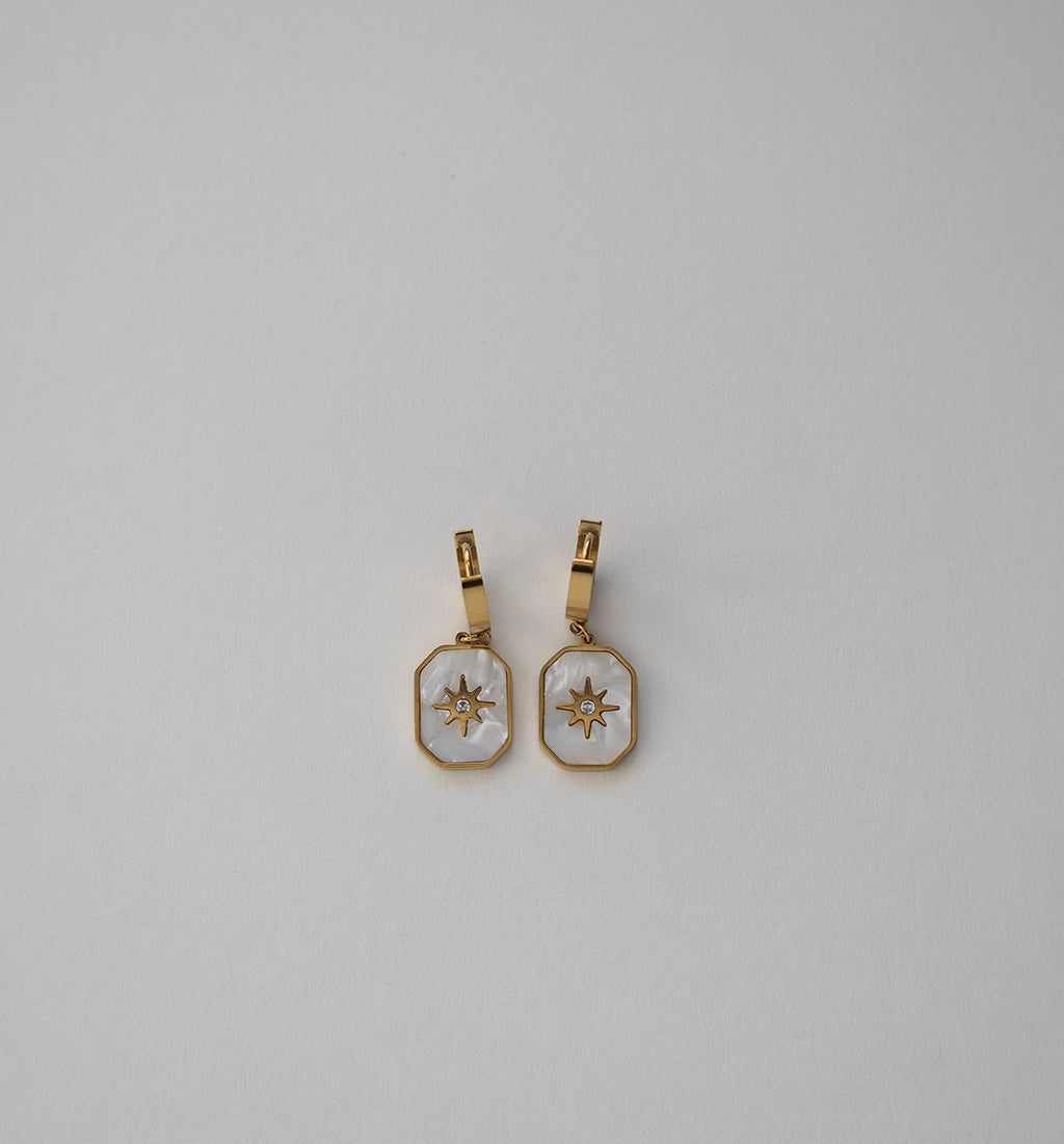 Stainless Steel Gold-tone Rectangular Earrings with White Enamel and Star Design