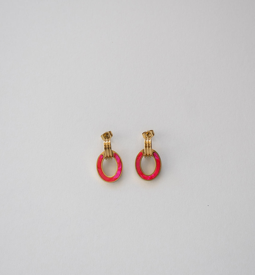 Stainlees Steel Pink Enamel Oval Drop Earrings