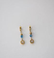 Gold Hoop Earrings with Evil Eye Beads and Crystal Charms