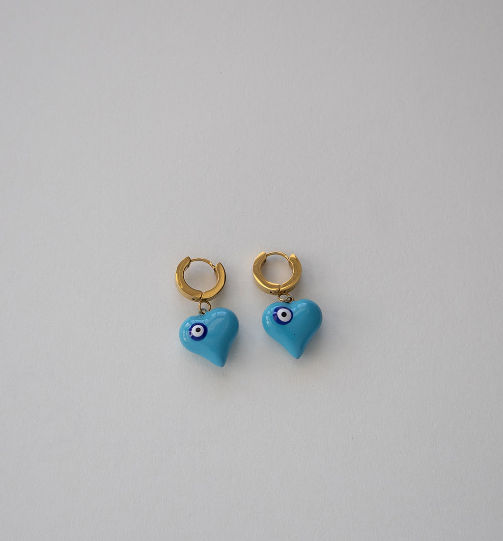 Stainless Steel Gold-tone Hoop Earrings with Blue Heart Charms