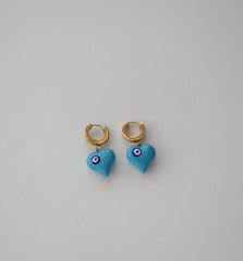 Stainless Steel Gold-tone Hoop Earrings with Blue Heart Charms