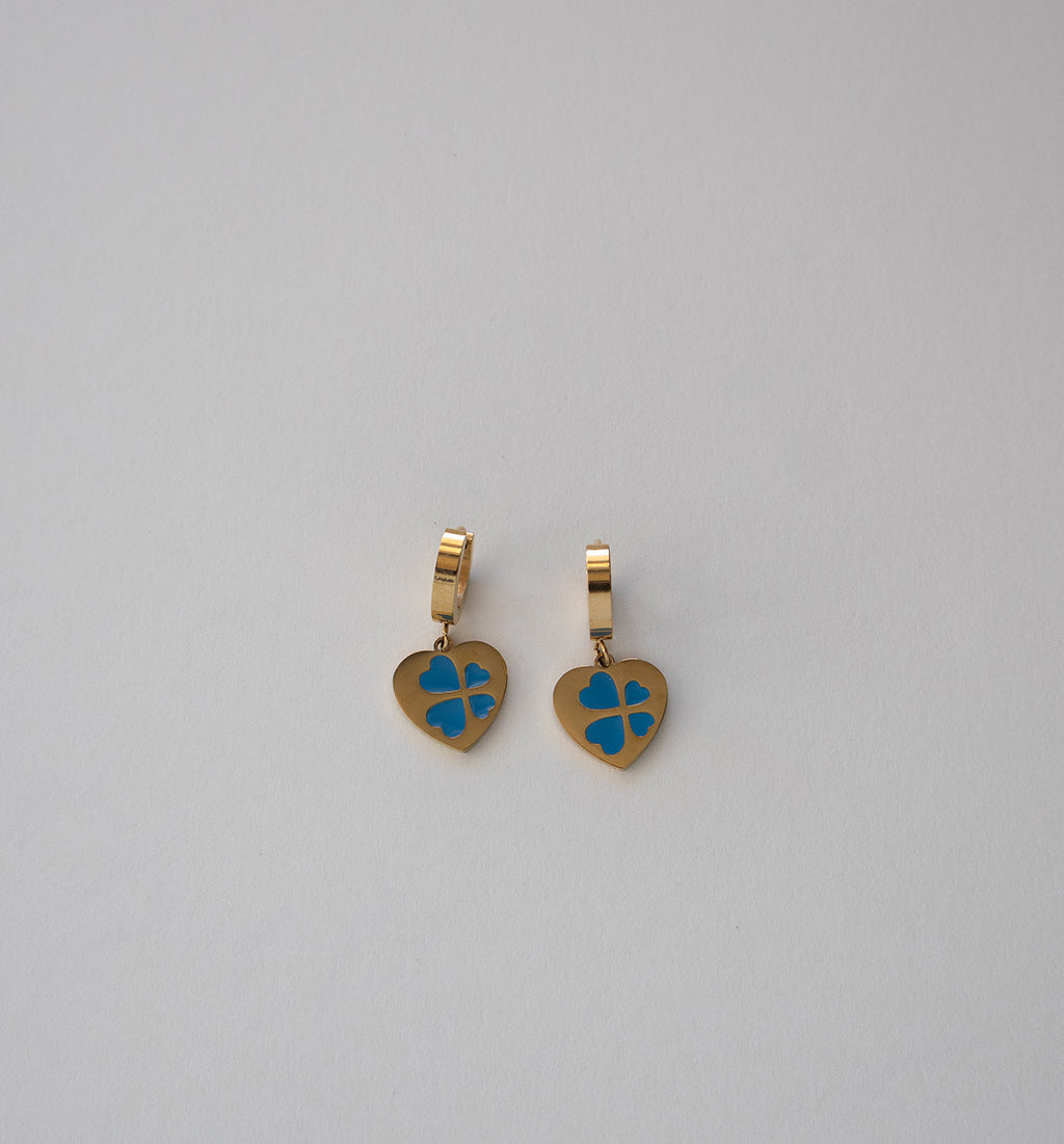Blue Clover Charm Heart Earings