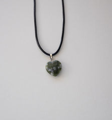 Natural Green Stone Heart Pendant Necklace with Black Cord