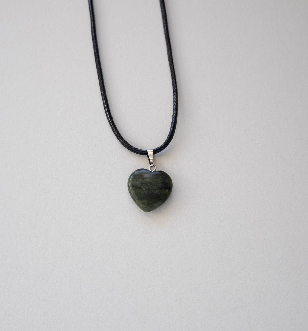 Green Jade Heart Pendant Necklace with Black Cord