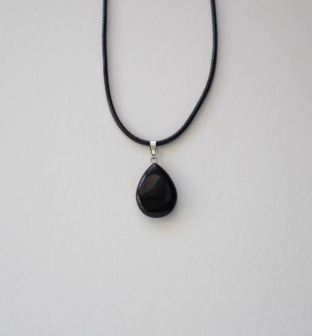Natural Black Stone Teardrop Pendant Necklace