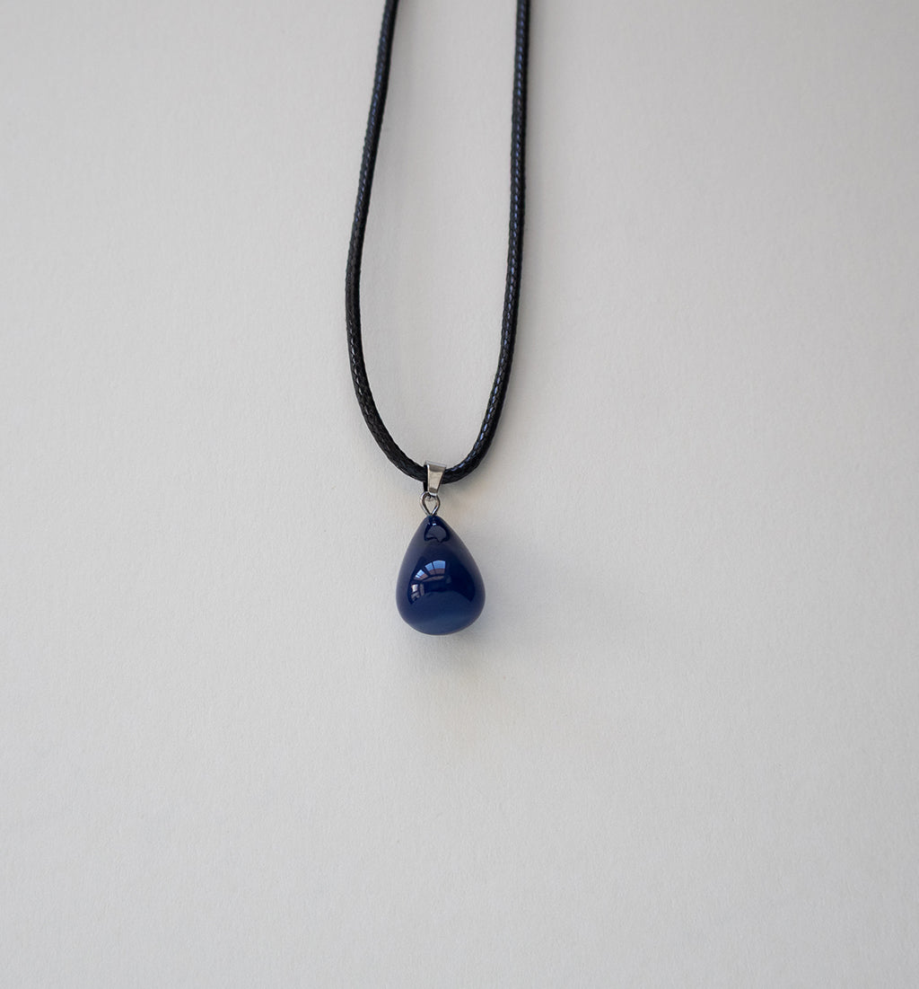 Blue Teardrop Pendant Necklace with Black Cord