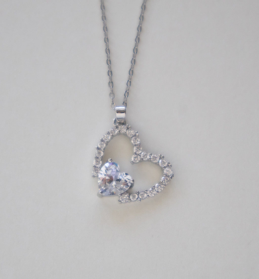 Silver Open Sparkling Crystal Heart Necklace