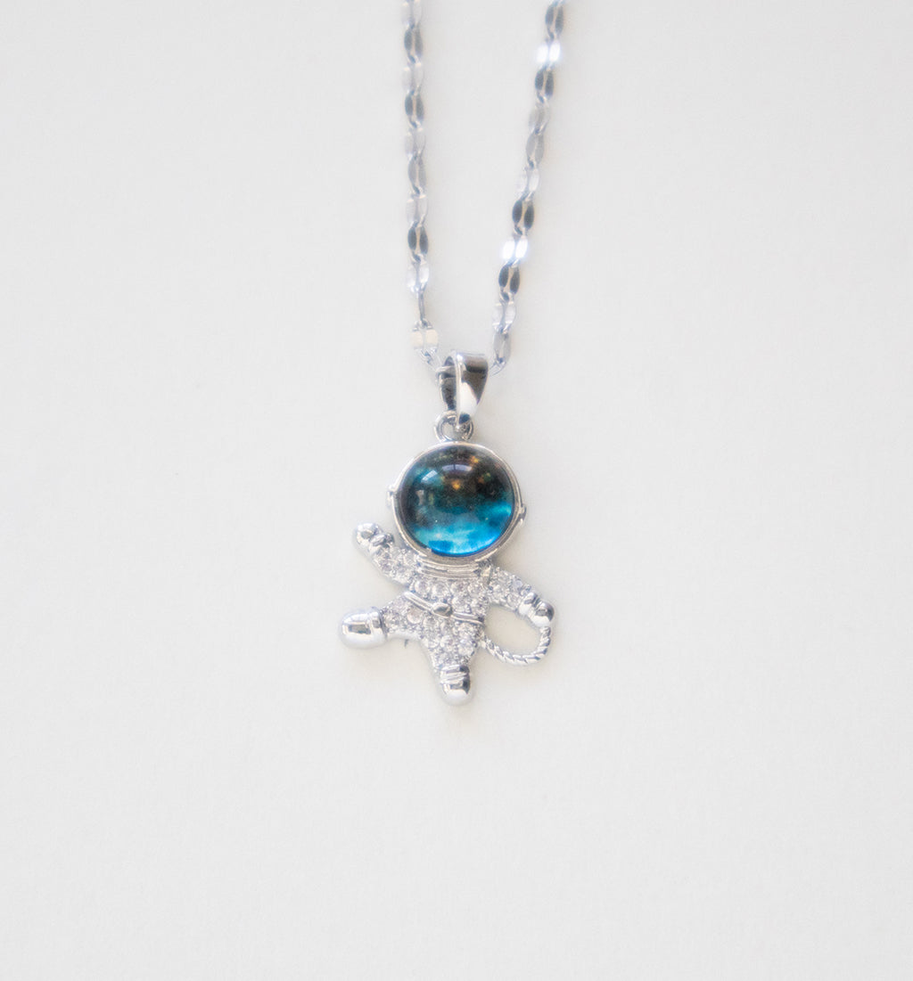 Astronaut Pendant Necklace with Blue Gemstone