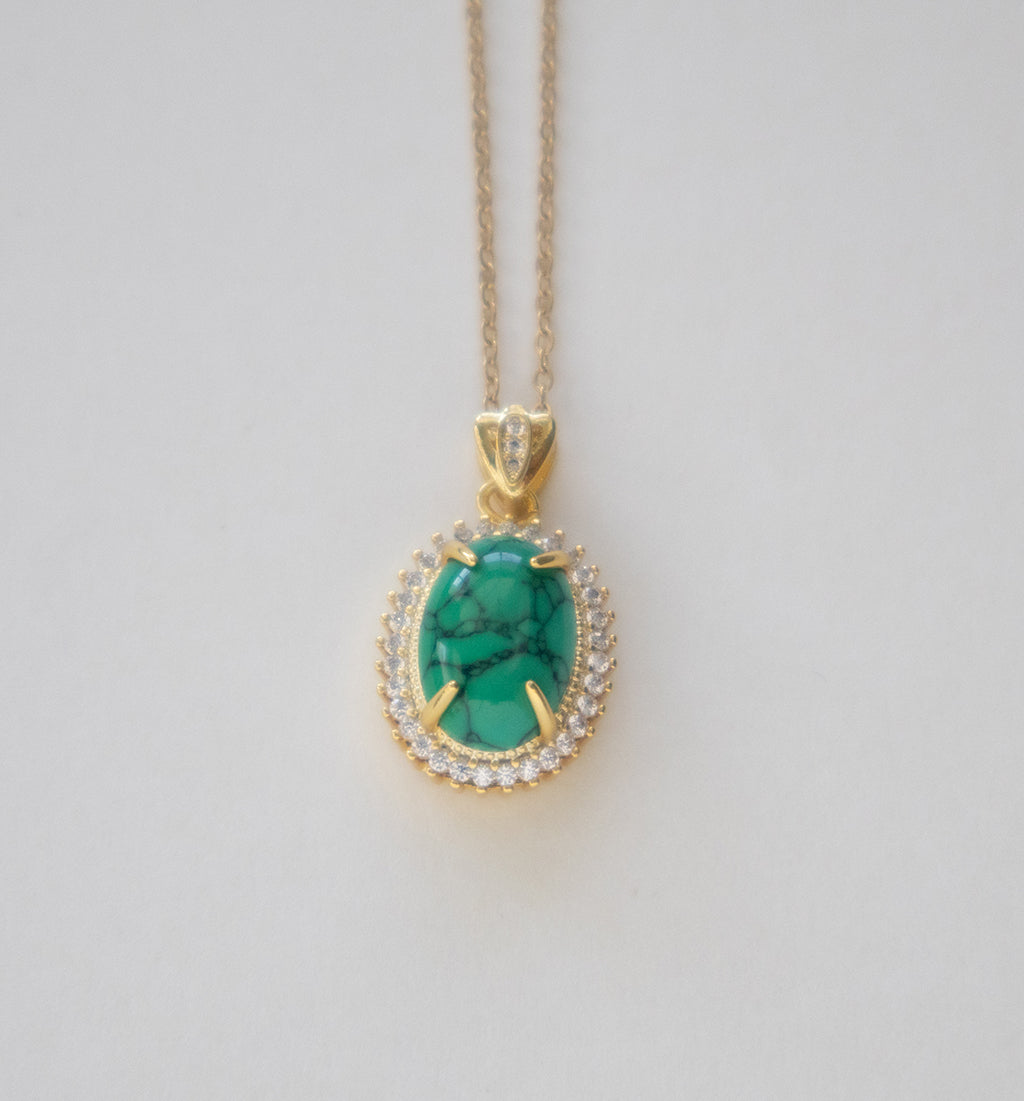 Stainless Steel Gold Plated Oval Emerald Pendant Necklace with Crystals