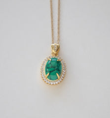 Stainless Steel Gold Plated Oval Emerald Pendant Necklace with Crystals