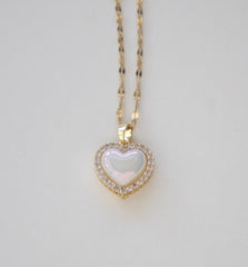 Stainless Steel Heart Pendant Necklace with Iridescent Stone and Crystals
