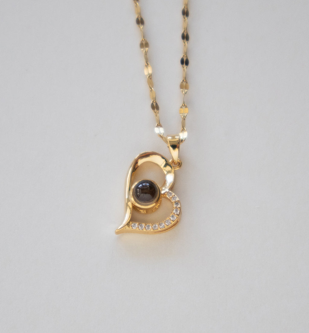 Stainless Steel Gold Plated Heart Pendant Necklace with Black Stone and Crystals