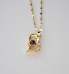 Stainless Steel Gold Plated Heart Pendant Necklace with Black Stone and Crystals