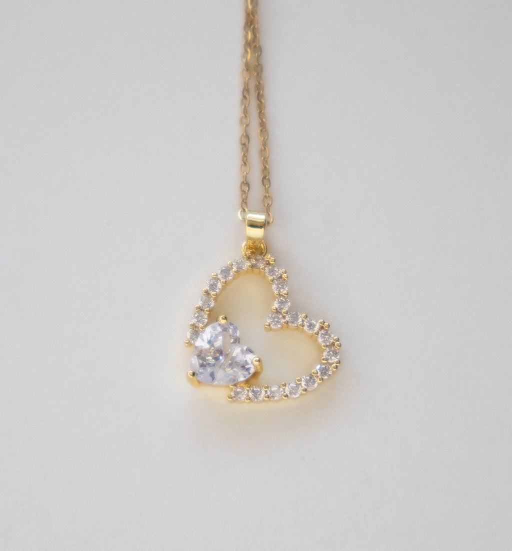 Stainless Steel Heart Pendant Necklace with Crystal Accents and Gold Finish