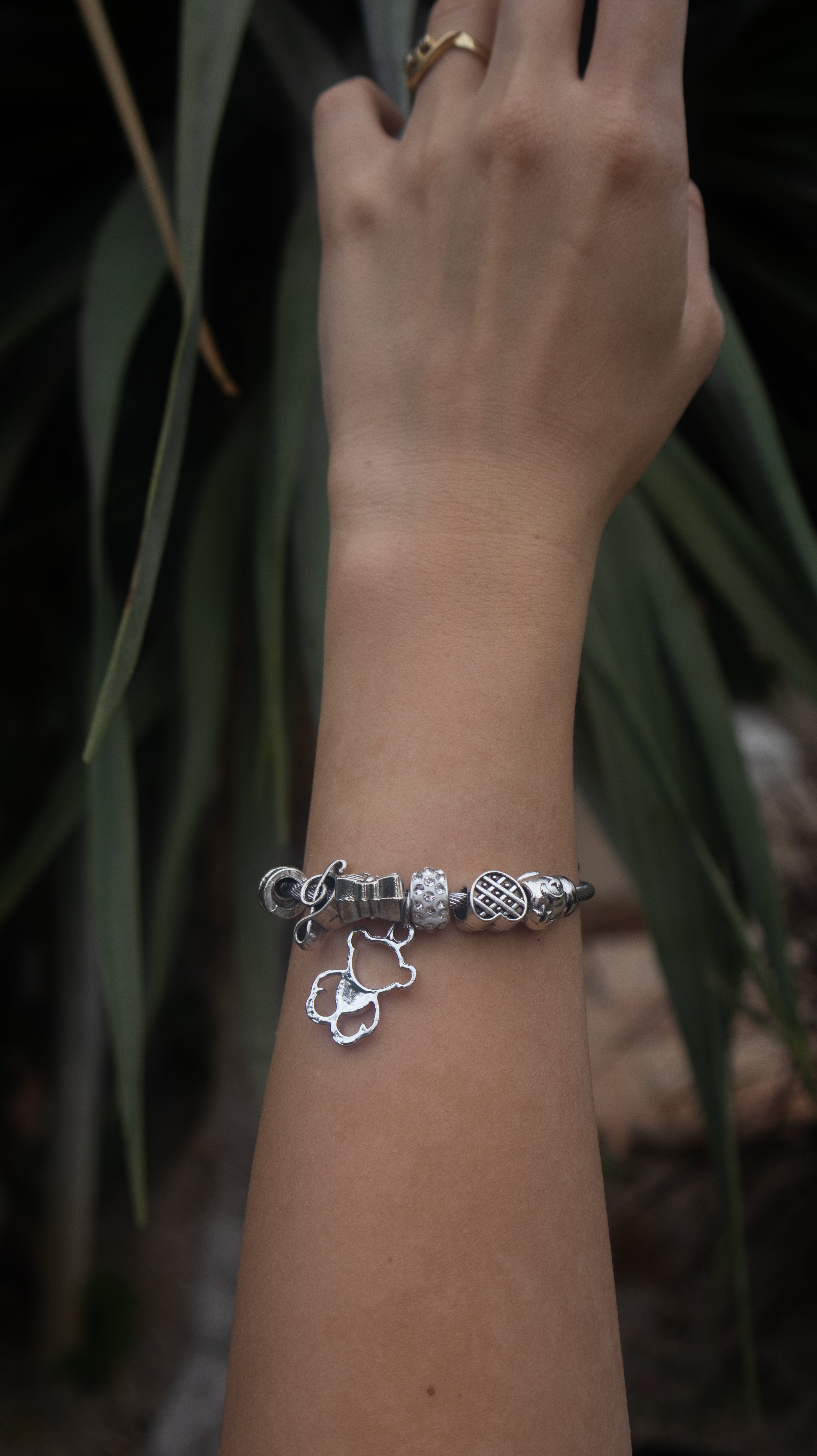 Stainless Steel Cable Silver Bear Charm Bracelet