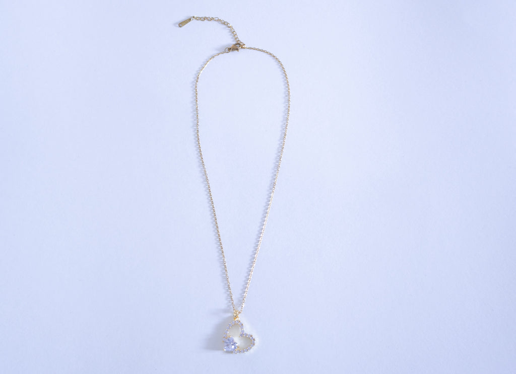 Gold Open Sparkling Crystal Heart Necklace