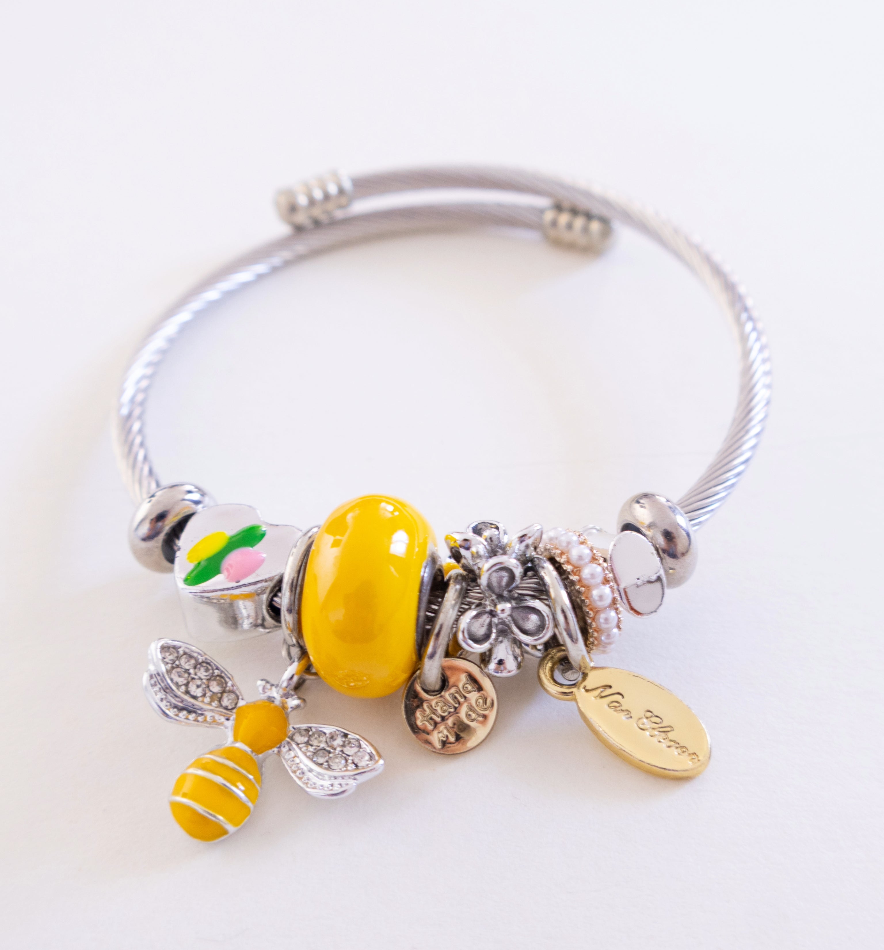Stainless Steel Charm Bracelet with Yellow Bee, Heart, Beads