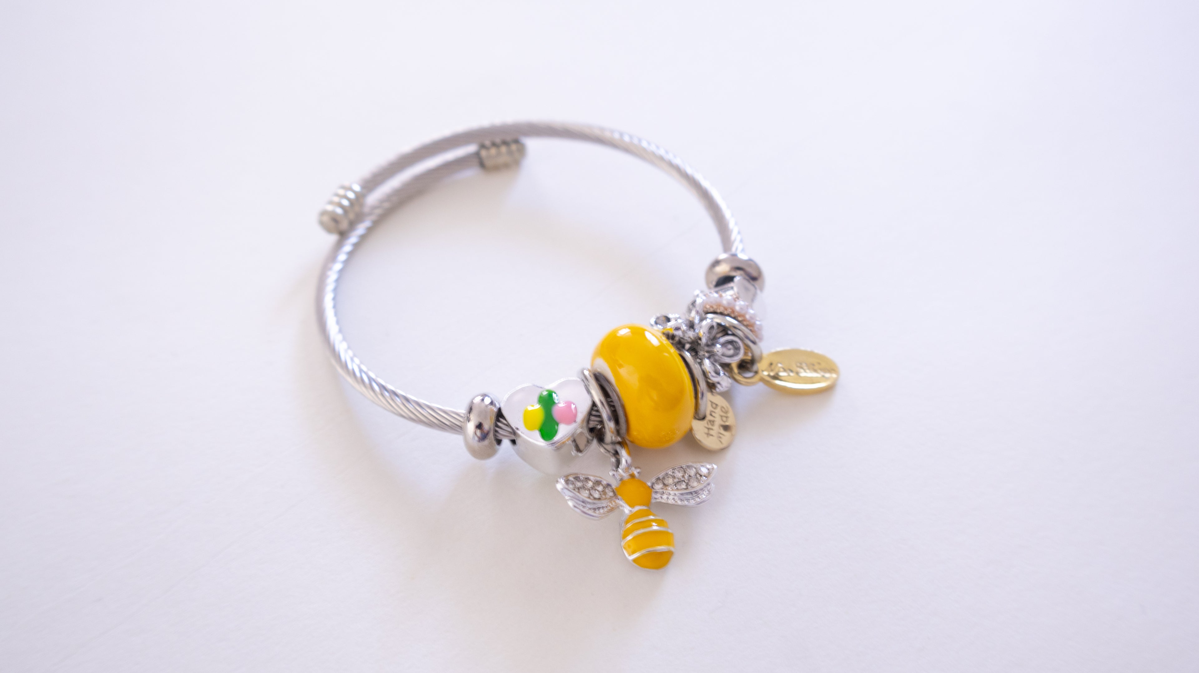 Stainless Steel Charm Bracelet with Yellow Bee, Heart, Beads