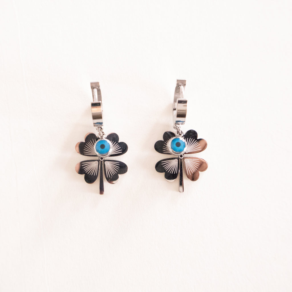 Blue Evil Eye Four-Leaf Clover Earrings