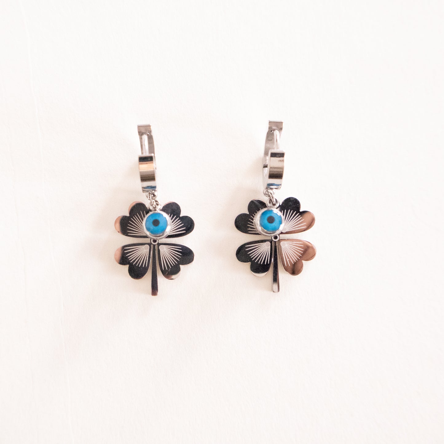 Blue Evil Eye Four-Leaf Clover Earrings