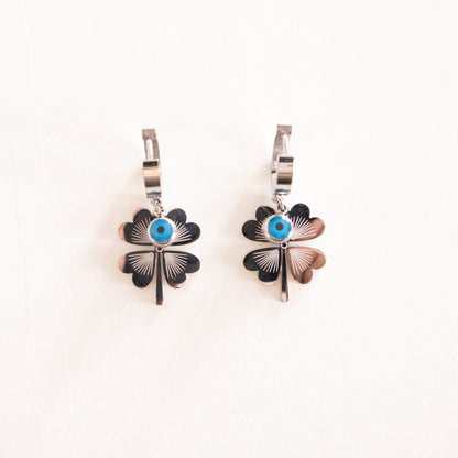 Blue Evil Eye Four-Leaf Clover Earrings