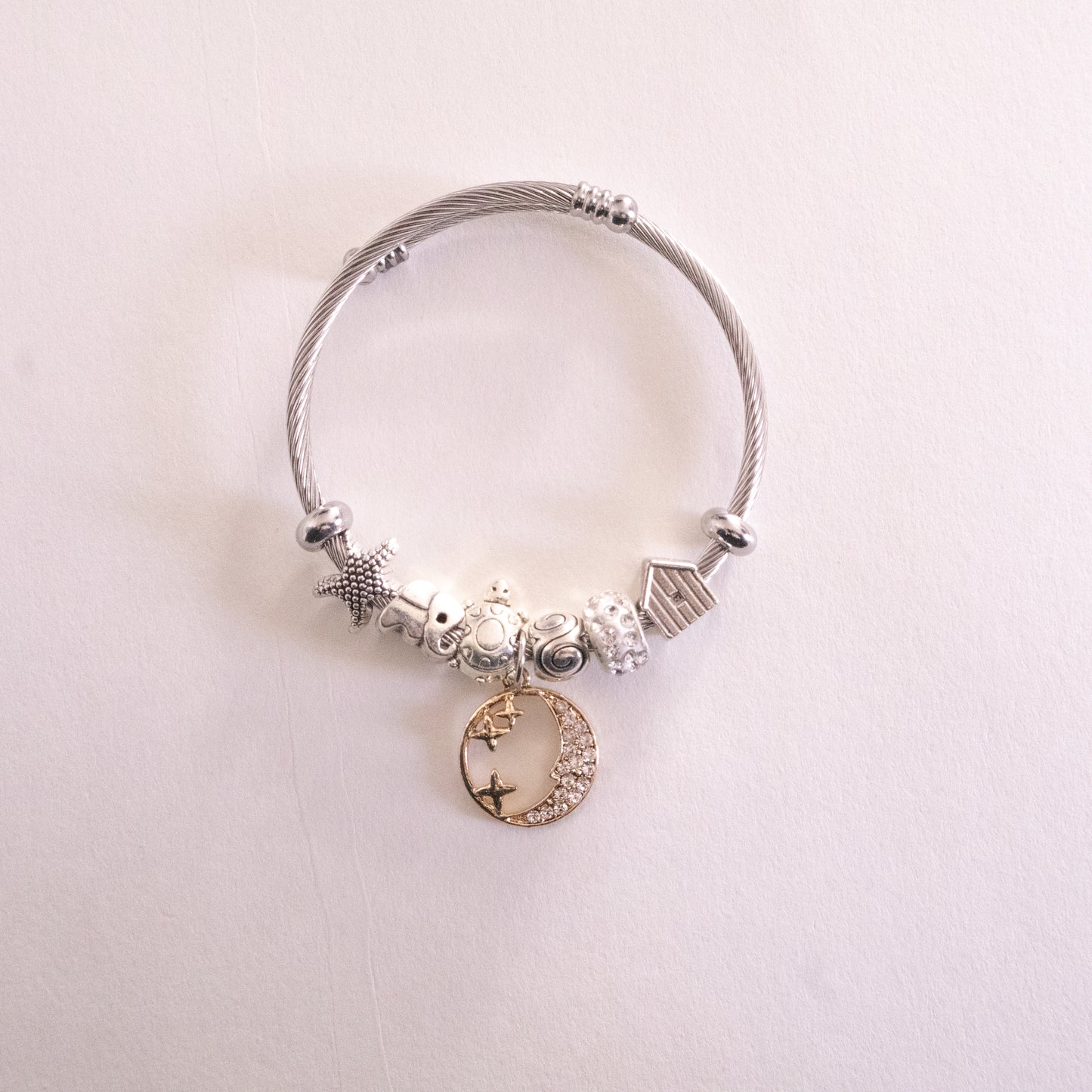 Stainless Steel Cable Bracelet with Moon & Stars Charm