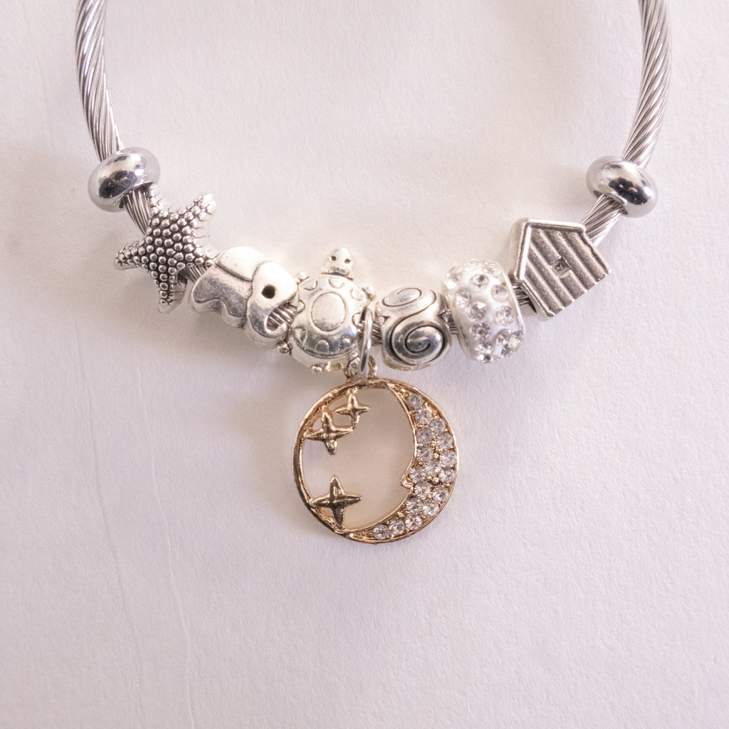 Stainless Steel Cable Bracelet with Moon & Stars Charm