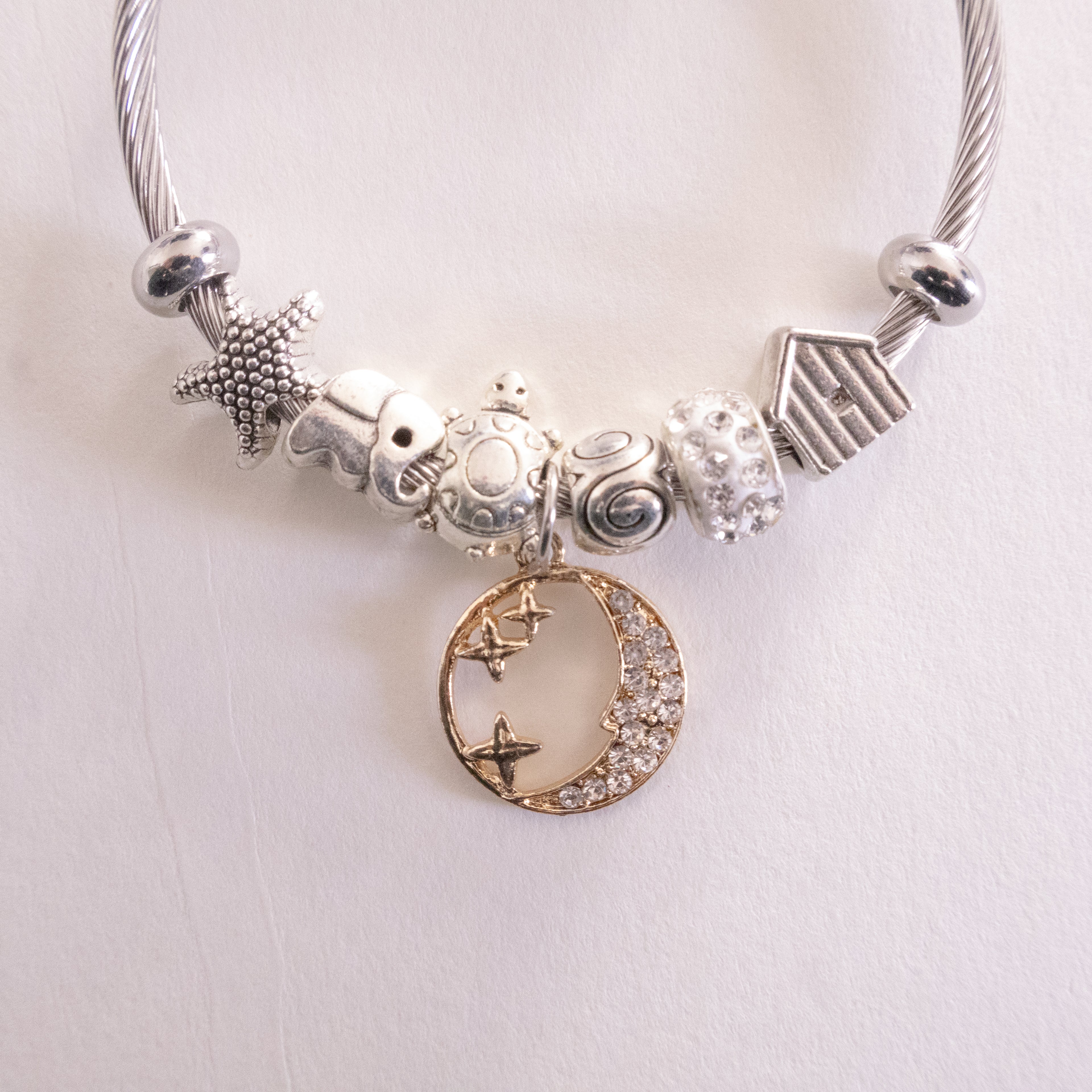 Stainless Steel Cable Bracelet with Moon & Stars Charm