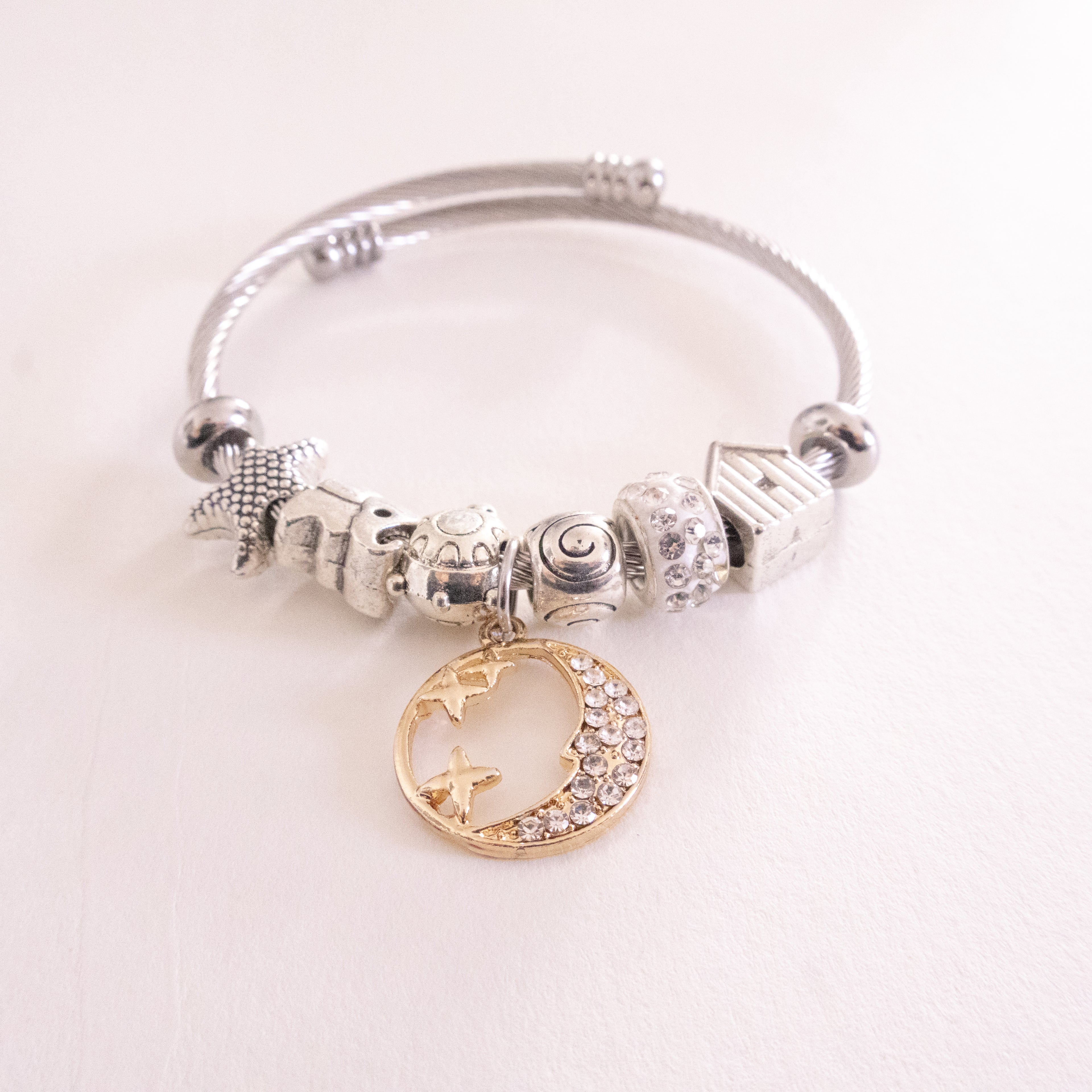 Stainless Steel Cable Bracelet with Moon & Stars Charm