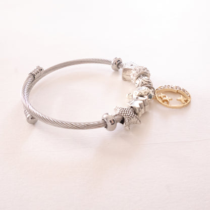 Stainless Steel Cable Bracelet with Moon & Stars Charm