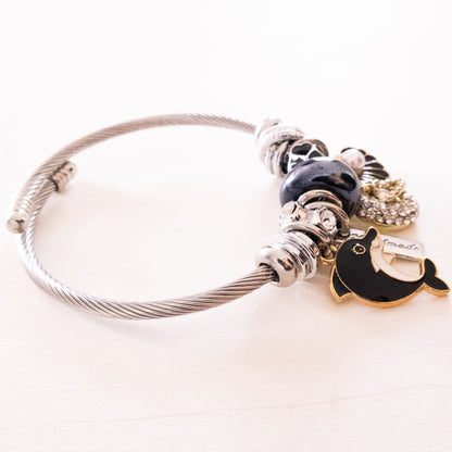 Pulsera de cable de acero inoxidable con delfín, cristal y dijes mixtos
