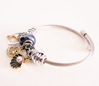 Pulsera de cable de acero inoxidable con delfín, cristal y dijes mixtos