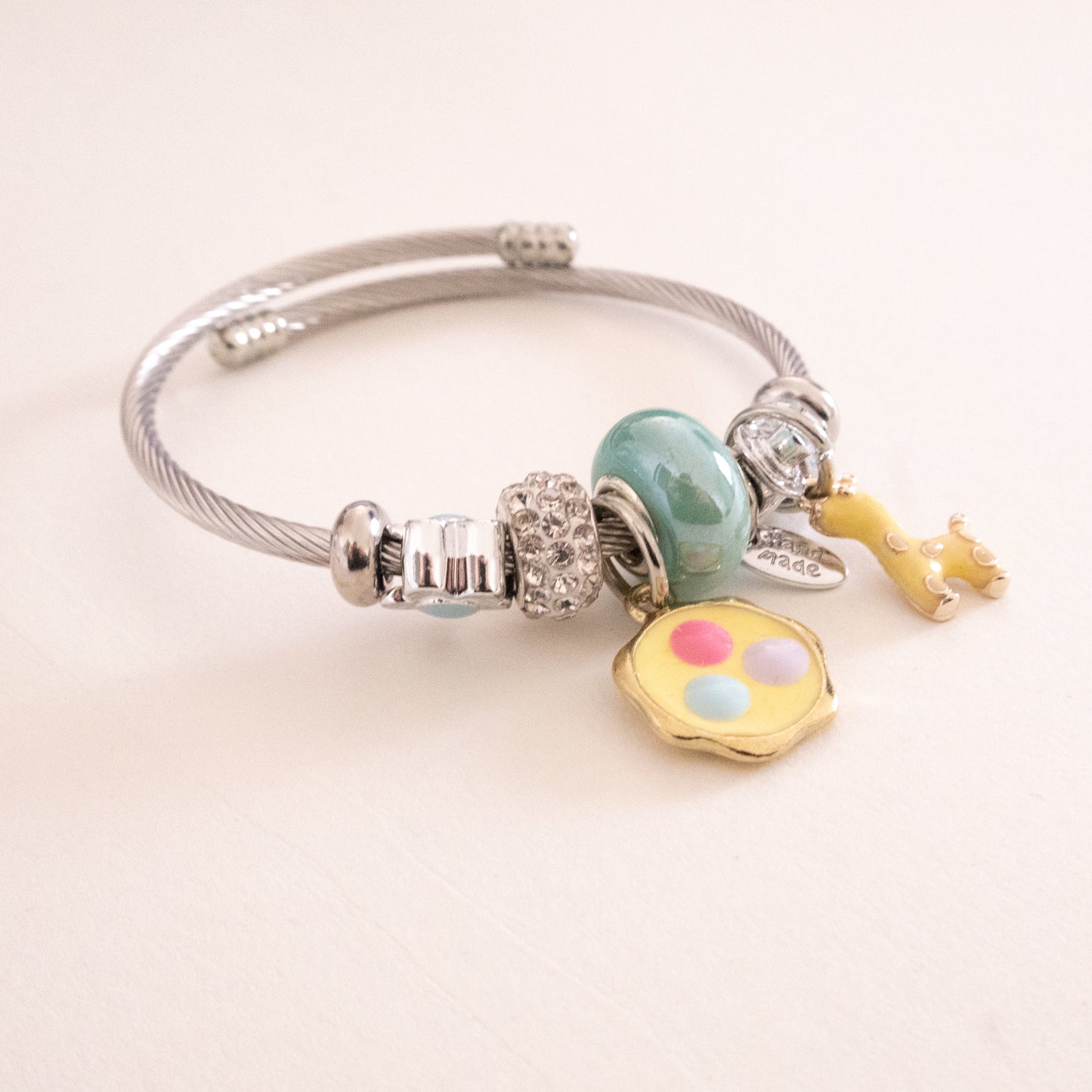 Stainless Steel Charm Bracelet with Flower, Beads, Bolt