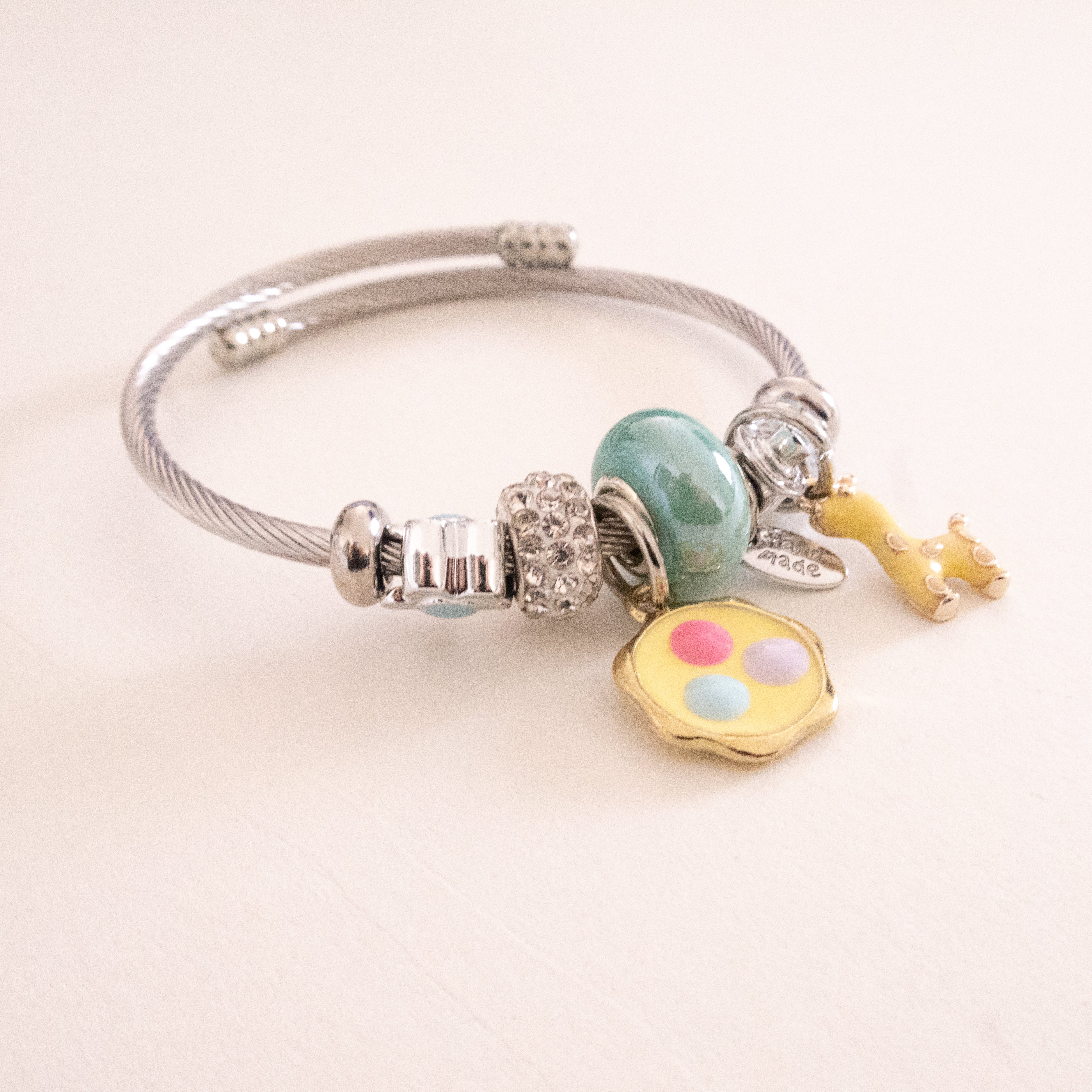 Stainless Steel Charm Bracelet with Flower, Beads, Bolt