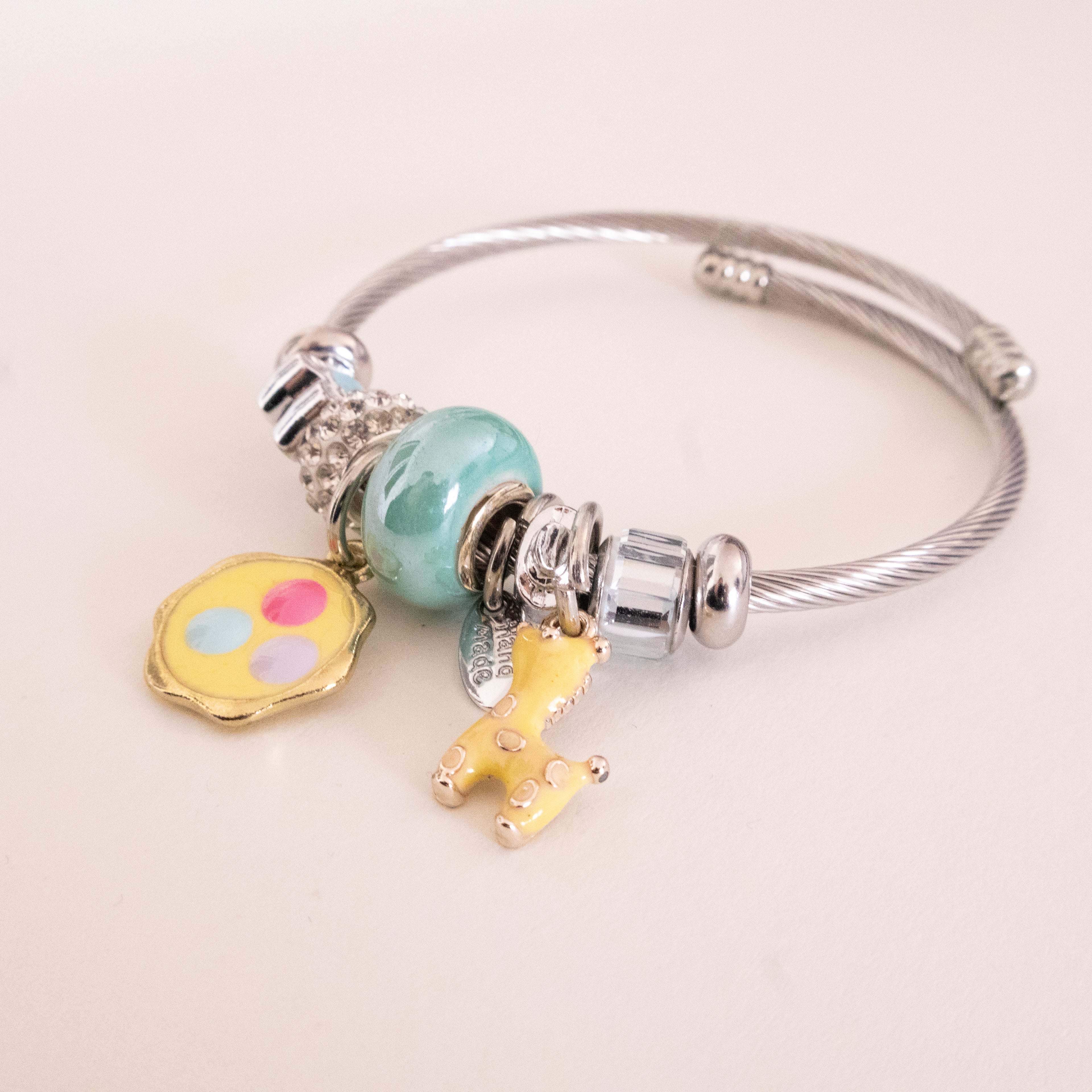 Stainless Steel Charm Bracelet with Flower, Beads, Bolt