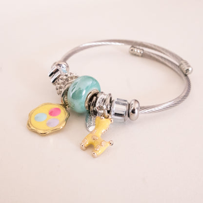 Stainless Steel Charm Bracelet with Flower, Beads, Bolt