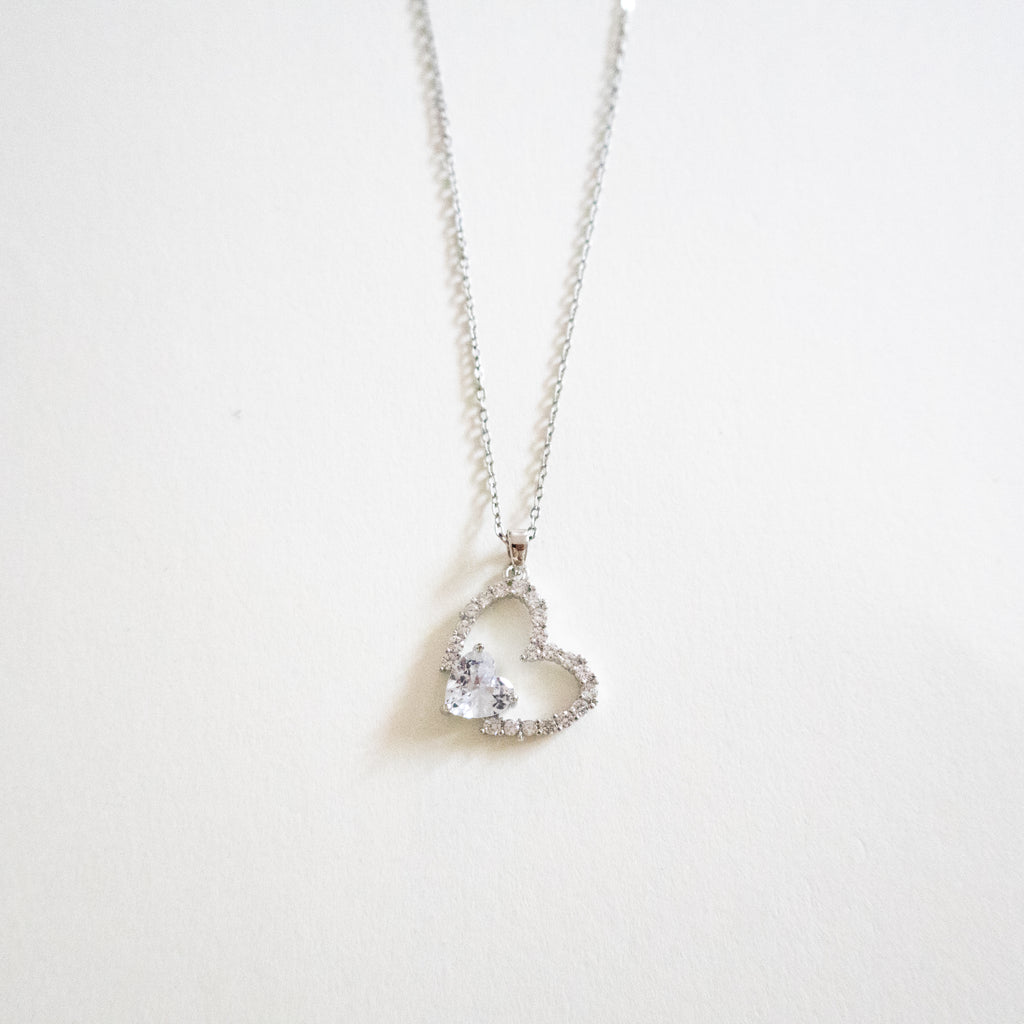 Silver Open Sparkling Crystal Heart Necklace