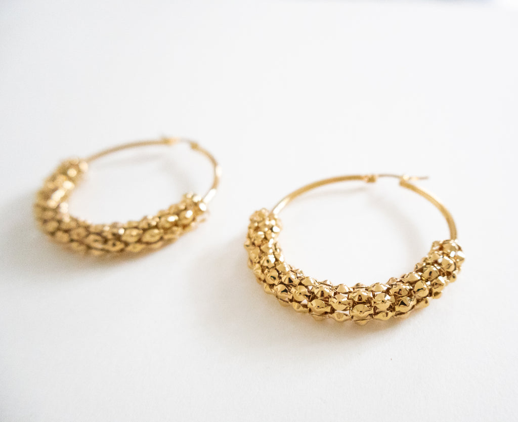 Gold Woven Bead Hoop Earrings