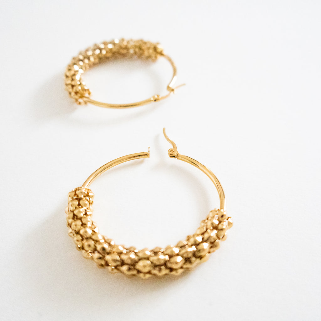 Gold Woven Bead Hoop Earrings