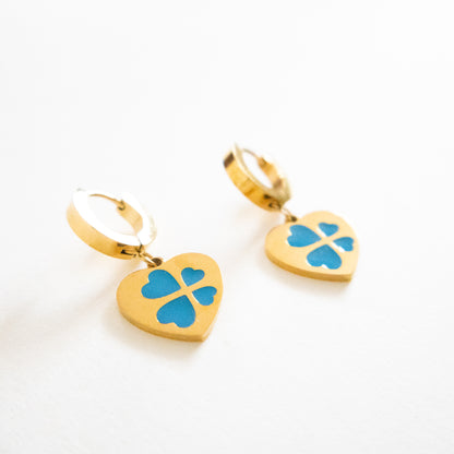 Blue Clover Charm Heart Earings
