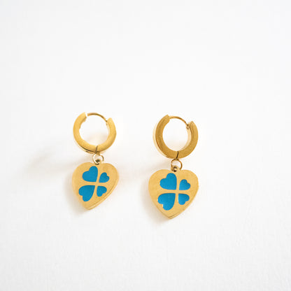 Blue Clover Charm Heart Earings