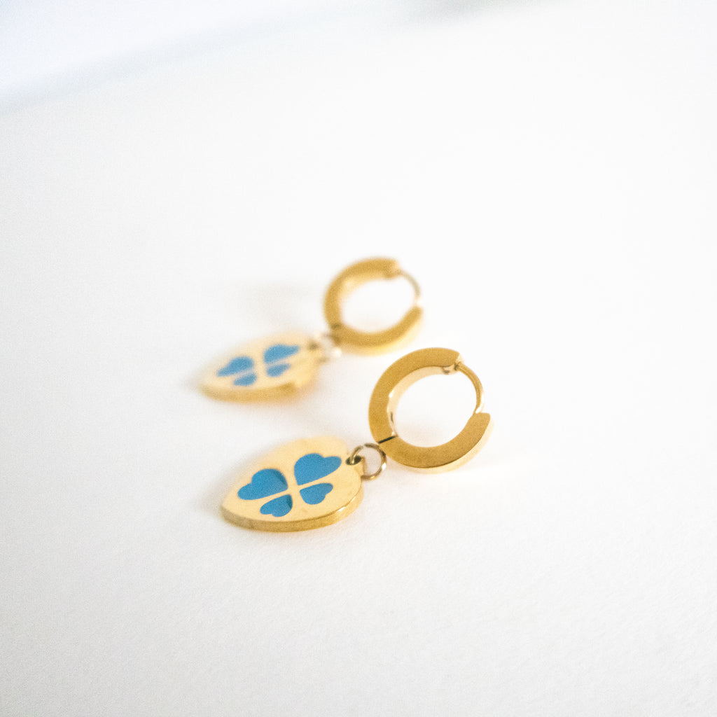 Blue Clover Charm Heart Earings