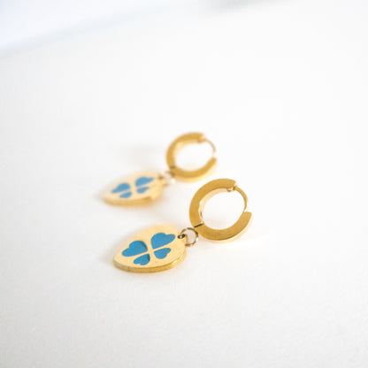 Blue Clover Charm Heart Earings